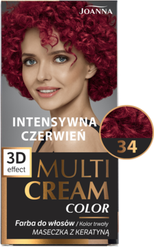 Opakowanie farby Joanna Multi Cream Color, Intensywna Czerwień 34, z kobietą o gęstych czerwonych lokach, 3D.