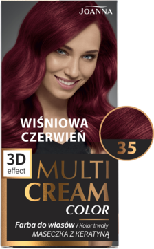 Front opakowania farby do włosów Joanna Multi Cream Color Wiśniowa Czerwień 35, z modelką o rudych włosach.