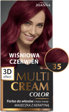 Front opakowania farby do włosów Joanna Multi Cream Color Wiśniowa Czerwień 35, z modelką o rudych włosach.