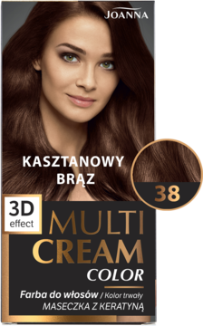 Opakowanie farby Joanna Multi Cream Color 38 Kasztanowy Brąz, z modelką i próbką koloru, widok z przodu.