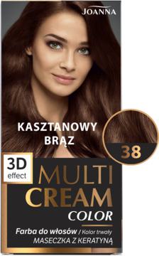 Opakowanie farby Joanna Multi Cream Color 38 Kasztanowy Brąz, z modelką i próbką koloru, widok z przodu.
