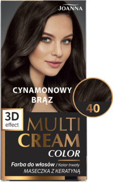 Farba do włosów Joanna Multi Cream Color Cynamonowy Brąz 40. Brązowe opakowanie z modelką i próbką koloru.