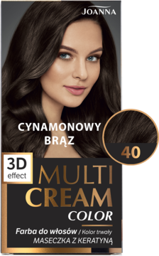 Farba do włosów Joanna Multi Cream Color Cynamonowy Brąz 40. Brązowe opakowanie z modelką i próbką koloru.
