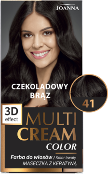 Joanna Multi Cream Color farba do włosów, czekoladowy brąz 41, opakowanie z kobietą i próbką koloru.