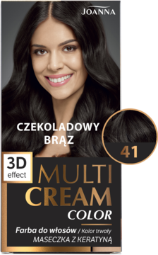Joanna Multi Cream Color farba do włosów, czekoladowy brąz 41, opakowanie z kobietą i próbką koloru.