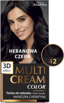 Opakowanie farby do włosów Joanna Multi Cream Color Hebanowa Czerń 42, z modelką i wzornikiem koloru.