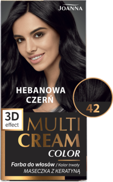 Opakowanie farby do włosów Joanna Multi Cream Color Hebanowa Czerń 42, z modelką i wzornikiem koloru.