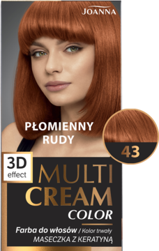 Przednie opakowanie farby Joanna Multi Cream Color, odcień Płomienny Rudy 43, z modelką i próbką koloru.