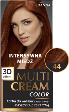 Farba Joanna Multi Cream Color Intensywna Miedź 44. Opakowanie z modelką o rudych włosach, widok z przodu.