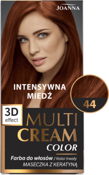 Farba Joanna Multi Cream Color Intensywna Miedź 44. Opakowanie z modelką o rudych włosach, widok z przodu.