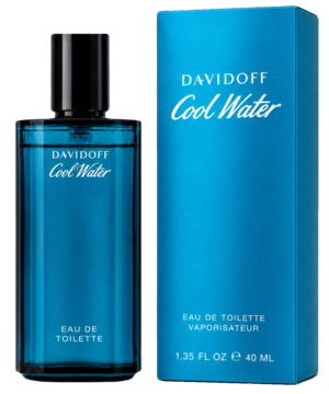 Davidoff Cool Water męska woda toaletowa. Błękitna butelka z czarnym korkiem obok kartonowego opakowania.