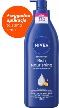 Granatowa butelka NIVEA Odżywcze Mleczko do Ciała Rich Nourishing 400 ml, z pompką, 72h nawilżenia, widok z przodu.