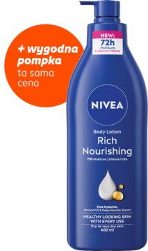 Granatowe mleczko NIVEA Rich Nourishing 400ml z pompką, widok z przodu, z etykietą 72h nawilżenia.