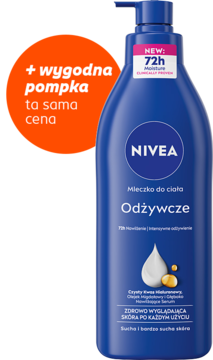 Niebieskie NIVEA Mleczko do ciała Odżywcze z pompką, nowa formuła 72h nawilżenia dla suchej skóry, widok przód.
