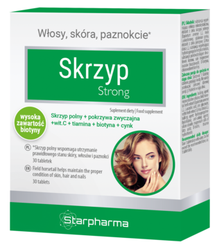 Skrzyp Strong Starpharma, biało-zielony suplement z biotyną na włosy, skórę, paznokcie, widok z przodu.