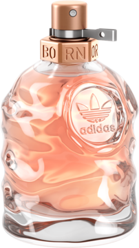 Woda perfumowana Adidas Born Original, butelka z nieregularnymi wgłębieniami, brzoskwiniowy płyn, logo i miedziany korek.