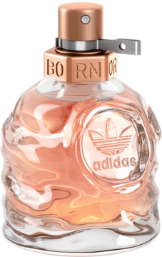 Flakon perfum Adidas Born Original dla kobiet, organiczna butelka z bursztynowym płynem i miedzianą nakrętką, widok z przodu.