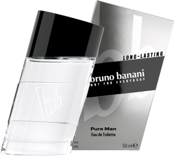 Woda toaletowa Bruno Banani Pure Man, skośna butelka 50ml z czarną nakrętką, na tle srebrnego pudełka.