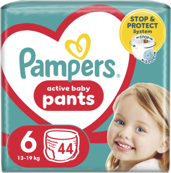 Pampers Active Baby Pants, rozm. 6 (13-19 kg), 44 sztuki, turkusowe opakowanie z logo serca i twarzą dziecka.