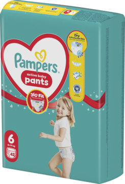 Pampers Active Baby Pants rozmiar 6, turkusowe opakowanie z czerwonym sercem, dzieckiem i opisem 360 Fit.