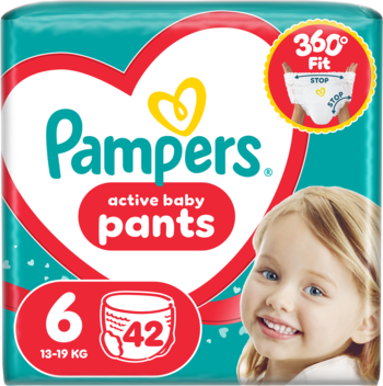 Turkusowe opakowanie Pampers Active Baby Pants rozmiar 6 (13-19kg), 42 szt., z uśmiechniętą dziewczynką.