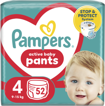 Pampers Active Baby Pants pieluchomajtki, rozmiar 4 (9-15 kg), 52 szt., turkusowe opakowanie z sercem i dzieckiem.