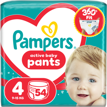 Niebieskie opakowanie Pampers Active Baby Pants, rozmiar 4, 9-15 kg, z dzieckiem. Pieluchomajtki 360° Fit na 12h suchości.
