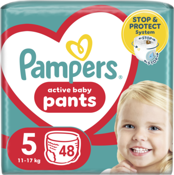 Opakowanie Pampers Active Baby Pants, rozmiar 5 (11-17kg) 48 sztuk, z uśmiechniętą dziewczynką i czerwonym sercem.