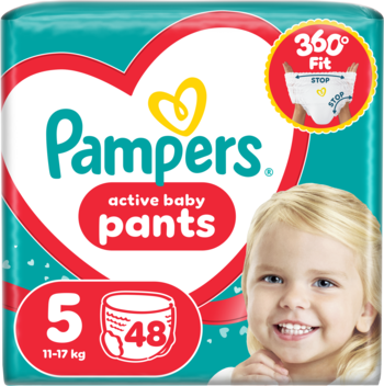 Pampers Active Baby Pants rozmiar 5, 48 sztuk, opakowanie. Zielono-czerwony design z dzieckiem, łatwe do założenia, 12h suchości.