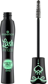 Czarny tusz Essence Lash Princess false lash effect mascara, obok wyciągnięta stożkowa szczoteczka z miętowym logo.