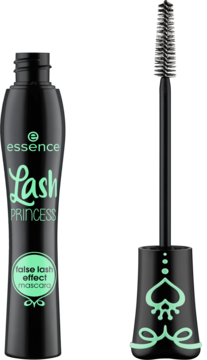 Czarny tusz Essence Lash Princess false lash effect mascara, obok wyciągnięta stożkowa szczoteczka z miętowym logo.