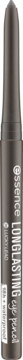 Pionowa, ciemnoszara kredka do oczu Essence Longlasting Eye Pencil. Matowe wykończenie, widoczne logo i etykieta produktu.