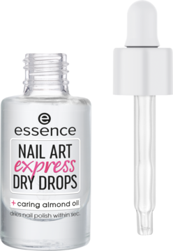 Widok z przodu butelki Essence Nail Art Express Dry Drops z olejkiem migdałowym i odłączonym aplikatorem.