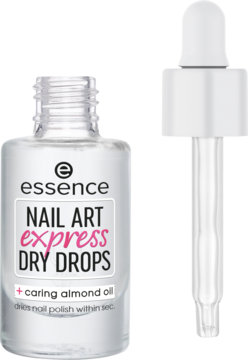 Widok z przodu butelki Essence Nail Art Express Dry Drops z olejkiem migdałowym i odłączonym aplikatorem.