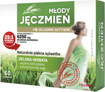 Młody Jęczmień suplement diety, zielono-białe pudełko z kobietą i napisem 'zielona herbata', ujęcie kątowe.