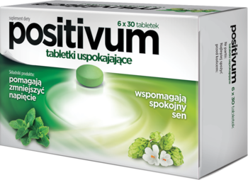 Positivum tabletki uspokajające, białe pudełko z zielonymi wzorami melisy i chmielu, widok z przodu i z boku.