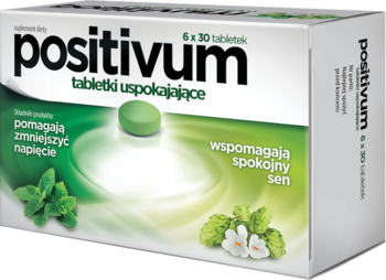 Positivum tabletki uspokajające, białe pudełko z zielonymi wzorami melisy i chmielu, widok z przodu i z boku.