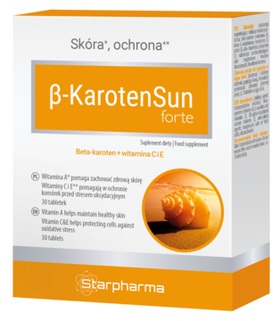 Suplement ̖-KarotenSun forte w biało-pomarańczowym pudełku, widok z przodu, z motywem muszli i zachodu słońca.