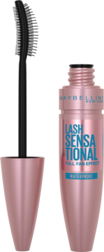 Różowy tusz Maybelline Lash Sensational Waterproof z otwartym opakowaniem i czarną, wygiętą szczoteczką.