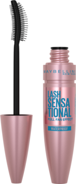 Różowy tusz Maybelline Lash Sensational Waterproof z otwartym opakowaniem i czarną, wygiętą szczoteczką.