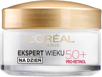 L'Oréal Paris Ekspert Wieku 50+ Pro-Retinol krem na dzień, biały słoik ze złotą zakrętką, widok z przodu.