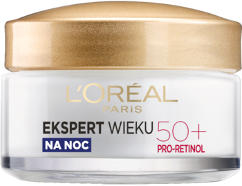 Biały słoiczek kremu L'Oréal Ekspert Wieku 50+ na noc z pro-retinolem, złota zakrętka, widok z przodu.