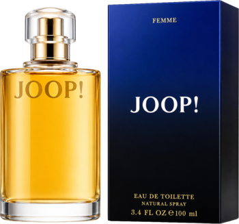 Joop! Femme woda toaletowa, bursztynowa butelka z złotym korkiem obok granatowego pudełka, widok z przodu.