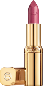 L'Oréal Color Riche satynowa pomadka, wysunięty różowy sztyft z logo L'Oréal Paris. Złota obudowa obok nakrętki.