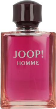Perfumy Joop! Homme w charakterystycznej, prostokątnej butelce z intensywnym różowym płynem i brązową nakrętką, widok z przodu.