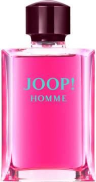 JOOP! Homme, orientalne perfumy w różowej butelce z turkusowym napisem, widok z przodu na czarnym tle.