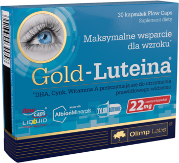 Suplement Gold-Luteina w niebieskim pudełku z okiem, 30 kapsułek Flow Caps dla wzroku, widok z przodu.