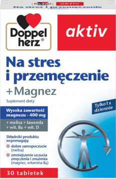 Biało-czerwone opakowanie Doppelherz aktiv Na stres i przemęczenie + Magnez 400 mg, suplement na zmęczenie.