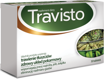 Biało-zielone pudełko Travisto suplementu diety na trawienie tłuszczów, z grafiką karczocha, widok z przodu.