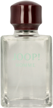 Męski perfumowany dezodorant Joop! Homme, w przeźroczystej butelce z bordową nakrętką i zielonym napisem.